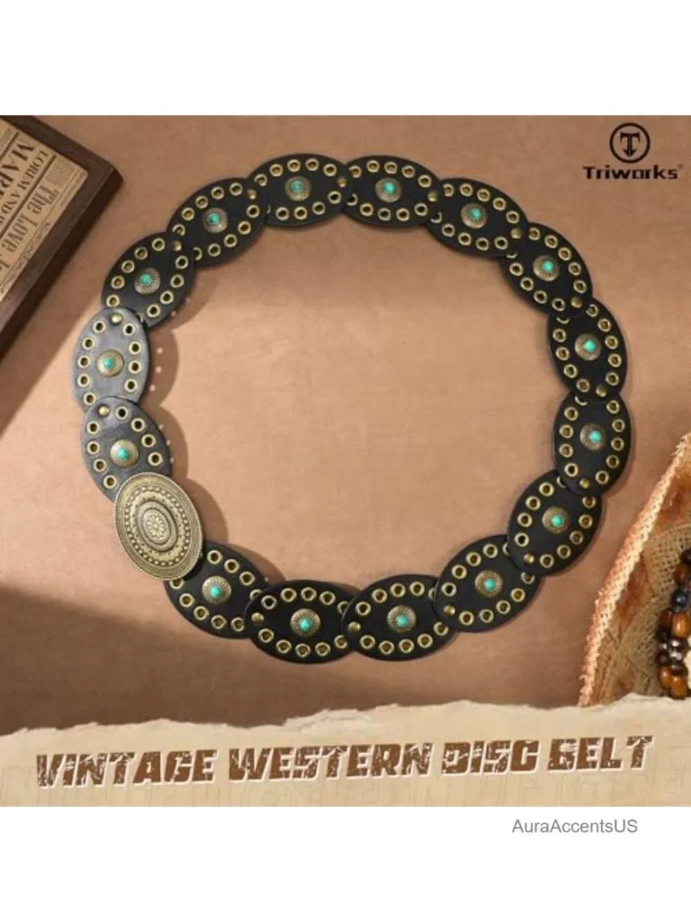 Wide Cowgirl Disc Belt with Turquoise Concho PU Leather Western Belt for Dress
